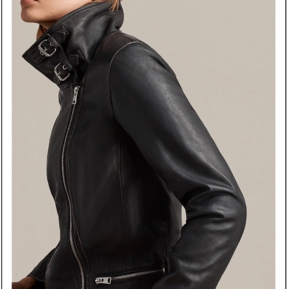 AllSaints bales Black Lamb Leather Biker Jacket Asymmetrical Zip, Buckle Collar